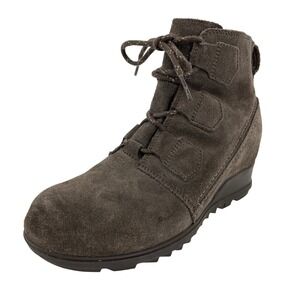 Sorel Evie Lace Wedge Ankle Boots Womens 9.5 Grey Suede Waterproof NL3322-245